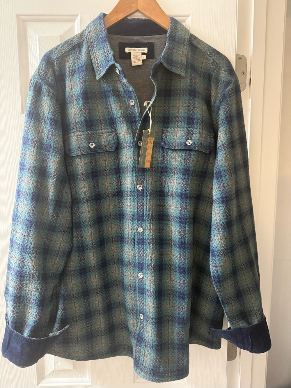Carbon 2 Cobalt Men's Large Double Layer Flannel Plaid Shirt Teal Blue NWT Soft